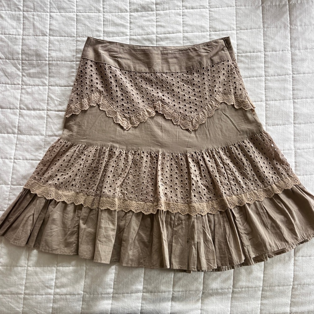 Candie's Tiered Eyelet Skirt Women 7 Brown Lace Trim Y2K Boho Side Zip 6171MDCJ